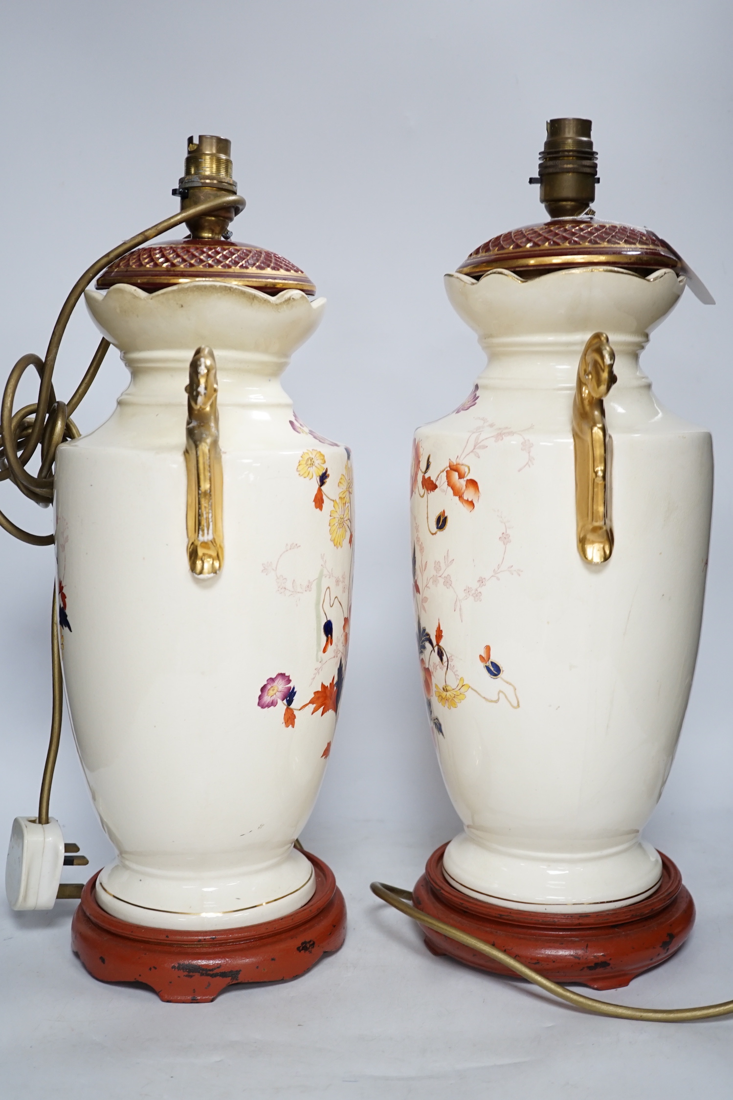 A pair of early 20th century vases mounted as table lamps, hand painted with flowers, 45cm high